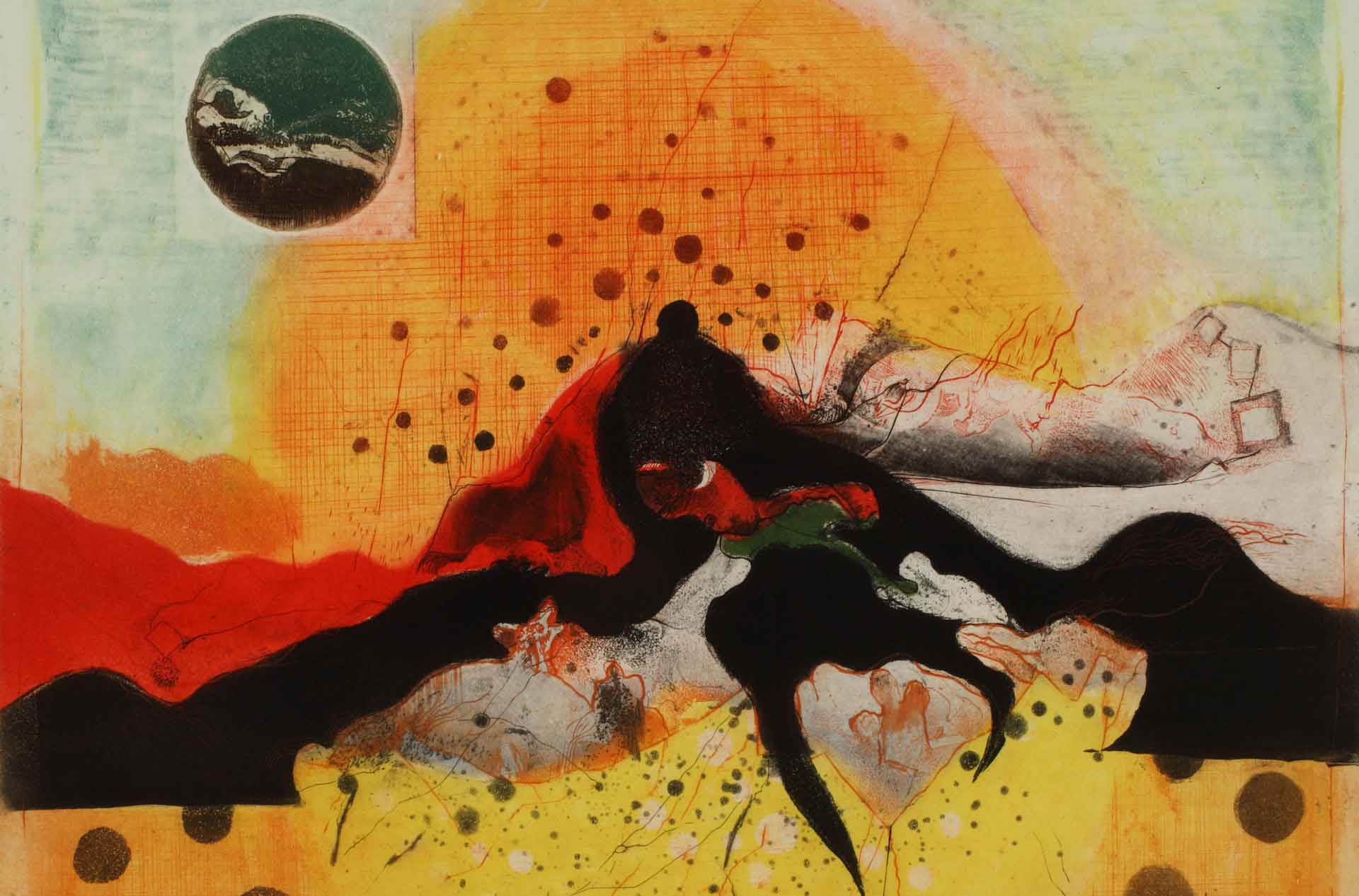 Finale, 1970. Prikazom dominira žuto sunce koje izvire iz zemlje i izdiže se iznad nje. Sredinom slike, na granici između predmetnosti i apstrakcije, poput brda u pejzažu isprepletena su ljudska tijela.